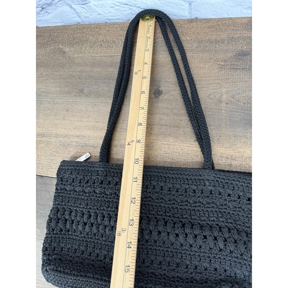 The Sak Black Crochet Shoulder Bag Small Boho Woven Zip Top Purse Silver Charm